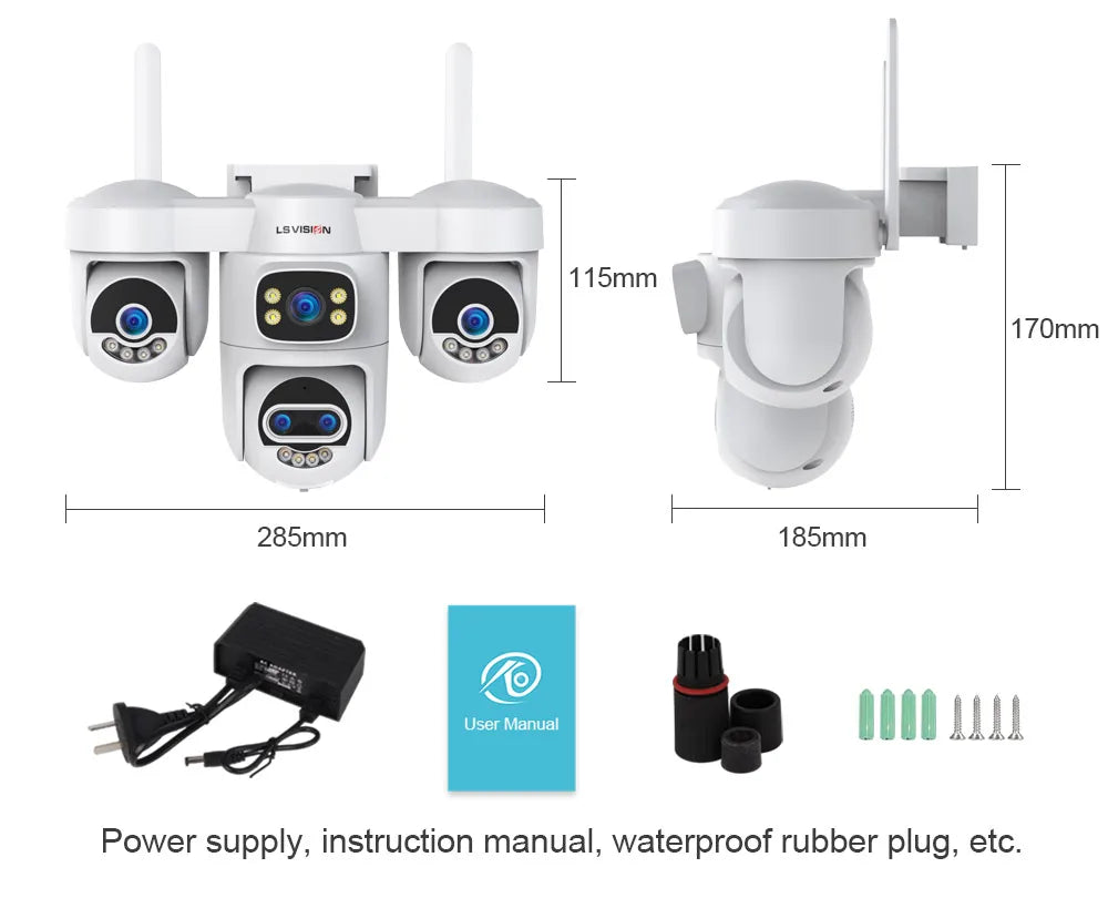 LS VISION 20MP 10X Zoom Three PTZ WiFi Security Camera Outdoor Four Screens 5-Lens Auto Tracking PC Client CCTV Cam Okam Pro App