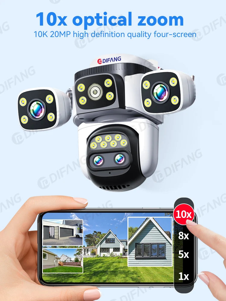 10K Outdoor 10X Optics Zoom WiFi6 Camera 20MP Three screen Four Len PTZ Automatic Tracking 6K Dual Lens Waterproof Security CCTV