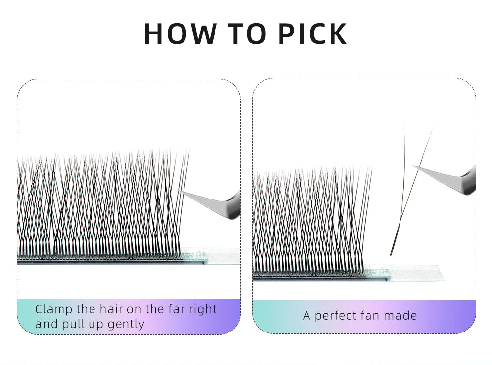 Instructional graphic showing how to use tweezers to lift and apply dark brown 2D Y-lash extension fans.