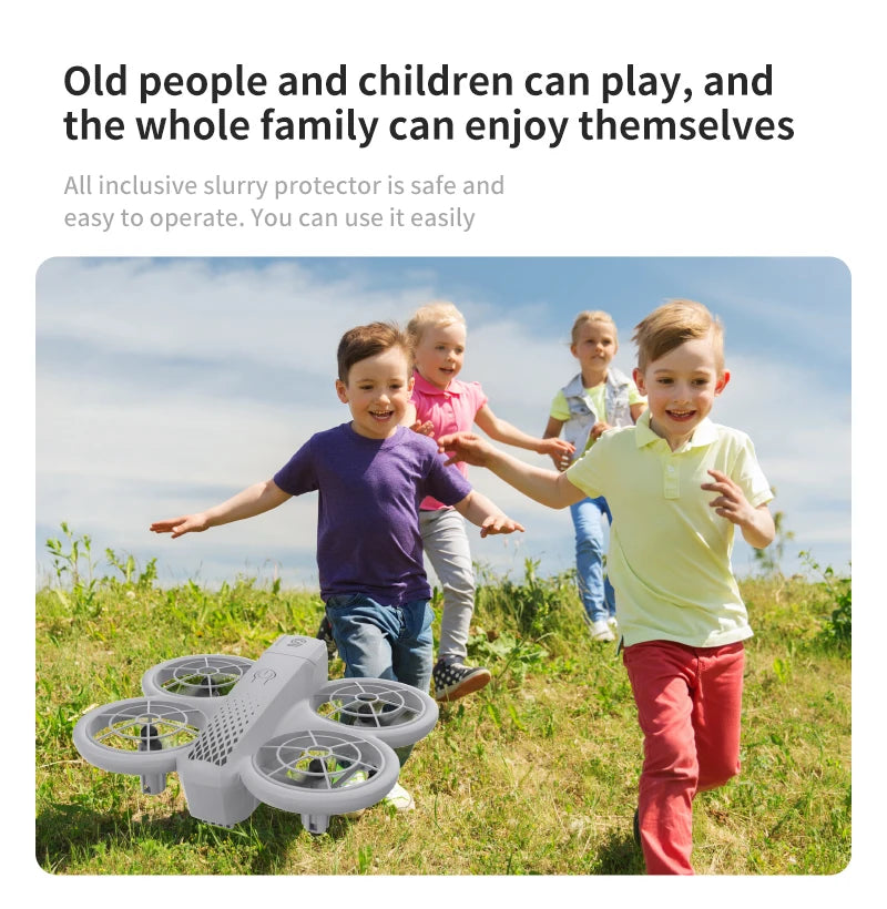 Small gray quadcopter drone with protective rotor guards, designed for easy outdoor family recreational flying.