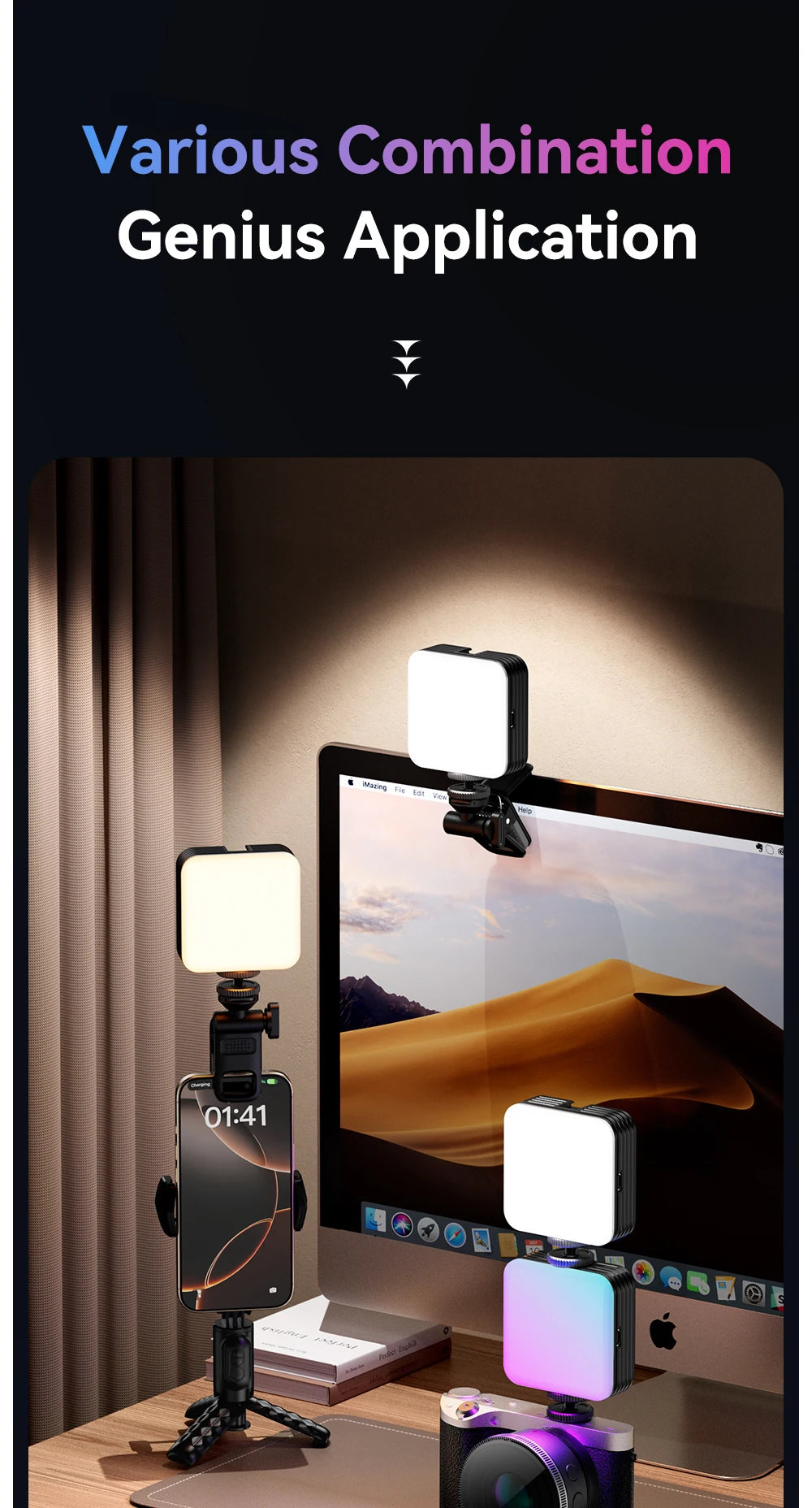Small square LED video lights with clips, mounted on a phone tripod, monitor, and camera for professional lighting.