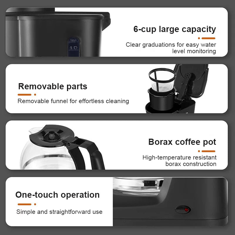 Black 6-cup coffee maker with heat-resistant borax glass pot, removable funnel, and simple one-touch operation.