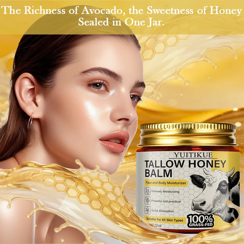 YUITIKUE 100% Grass-Fed Tallow Honey Balm | Intensely Moisturizing Face & Body Balm | Quick Absorption for All Skin Types 60g