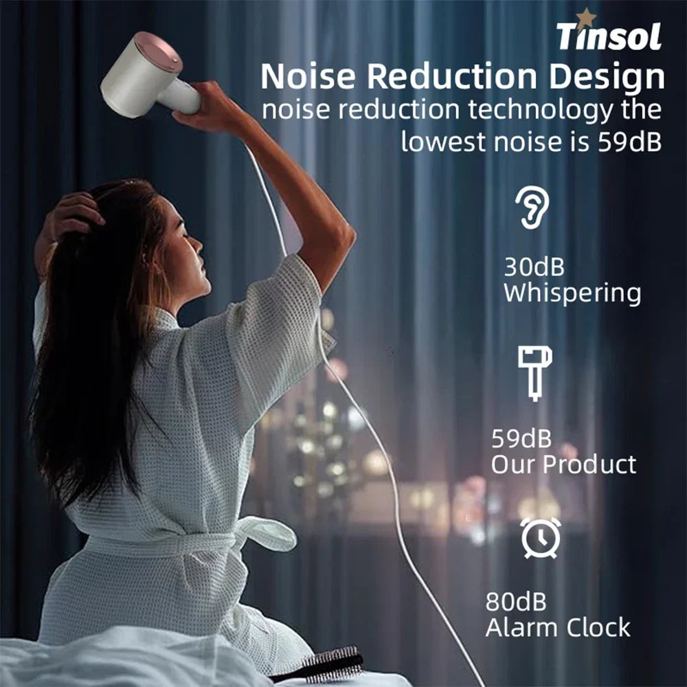 Quiet, high-speed 1500W negative ion hair dryer with rose gold finish and noise reduction design.