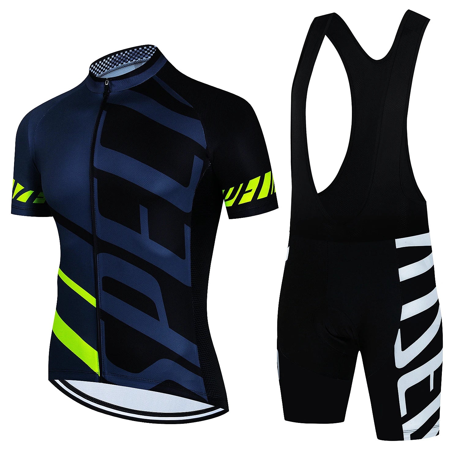 Tidesmit black and blue cycling jersey and matching bib shorts with neon yellow accents and bold white branding.