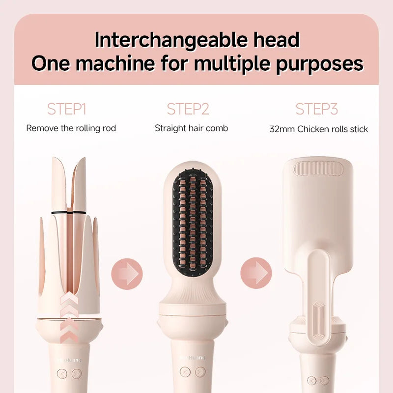 Pink 3-in-1 automatic curling iron with interchangeable straight hair comb and 32mm styling wand attachments.