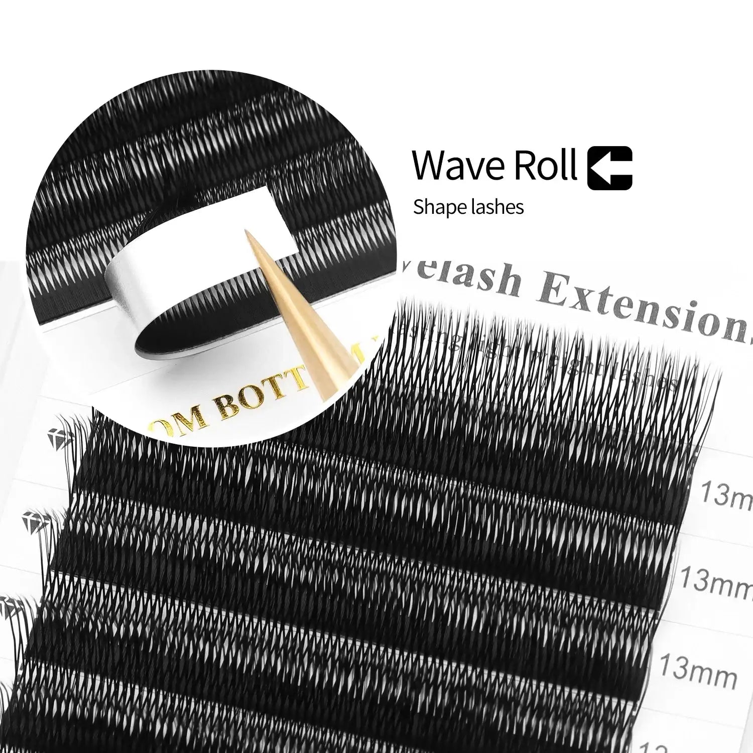 Black synthetic eyelash extension strips with a curled wave design on a labeled adhesive tray.