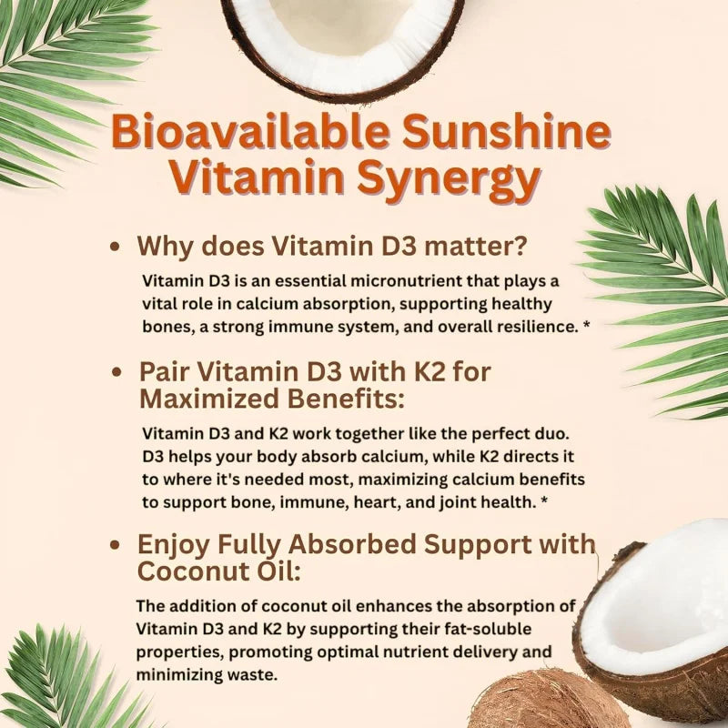 Tidesmit Vitamin D3 10000 IU plus K2 complex for bone, heart, and immune health with coconut oil for absorption.