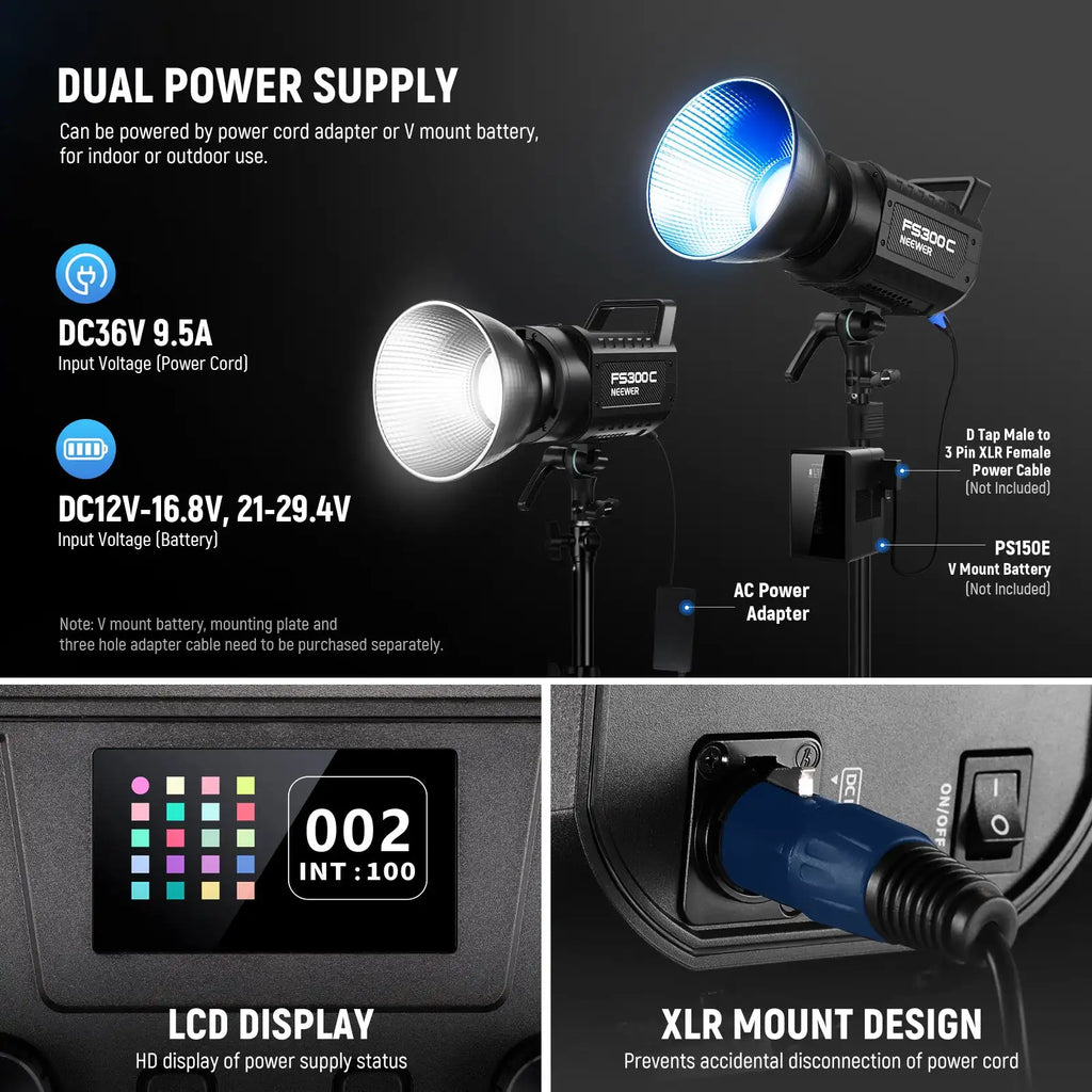 RGB LED Video Light 300W Bowens Mount for Pro Content Creation - Black Tidesmit