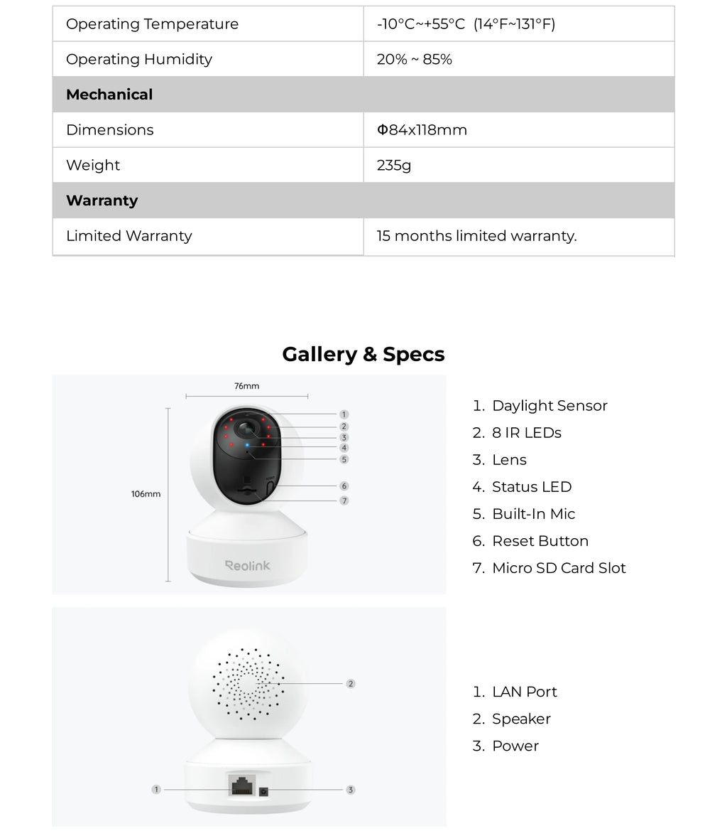 REOLINK 5MP WiFi Security Camera Person/Pet/Crying Detection Indoor Baby Monitor 2 Way Audio PT Auto Tracking IP Camera E1-Pro
