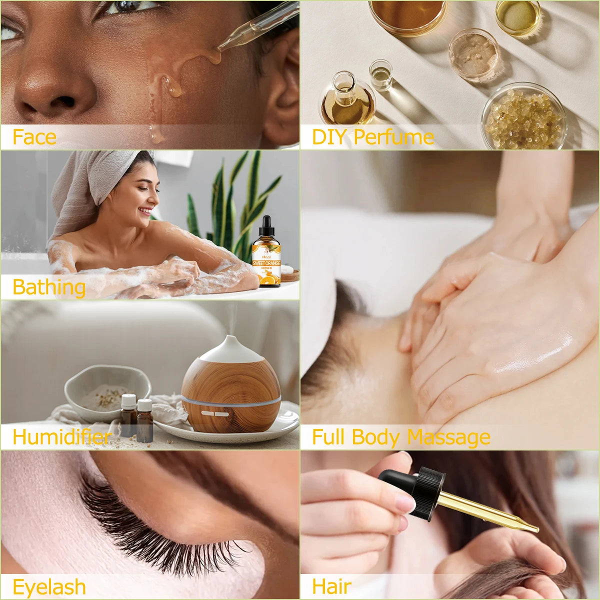 Sweet orange essential oil is used for skin care, massage, bath, and aromatherapy. It is suitable for face, body, and nails.