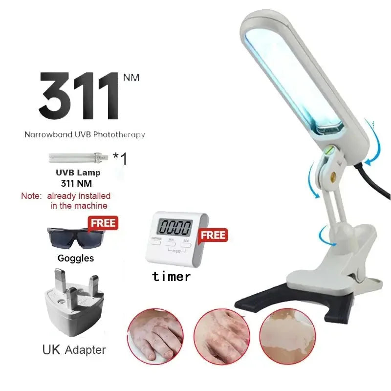Portable 311nm handheld UVB lamp for vitiligo and psoriasis treatment with goggles, timer, and UK adapter.