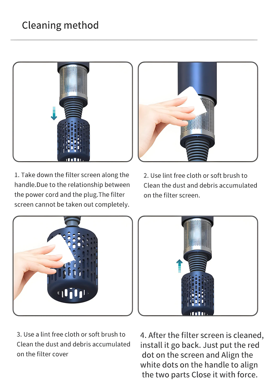 Cleaning guide for 1600W silent negative ion hair dryer, showing blue filter cover maintenance steps and instructions.