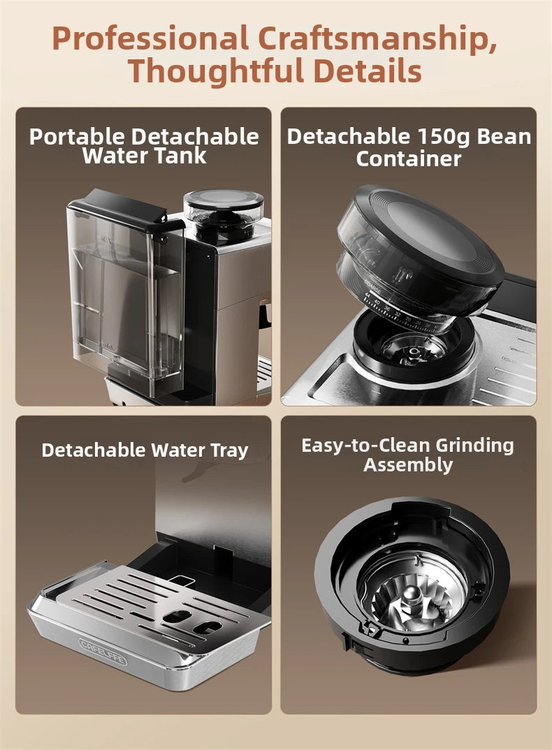 Cafelffe espresso machine features: 150g bean container, portable water tank, drip tray, and easy-clean grinder.