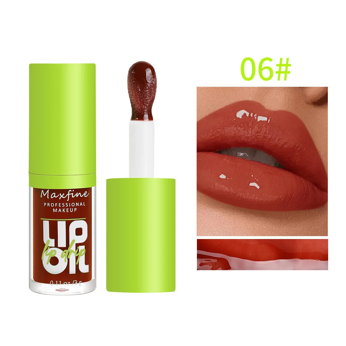Maxfine waterproof, hydrating lip gloss in shade 06, featuring a high-shine, smudge-proof reddish-brown finish.