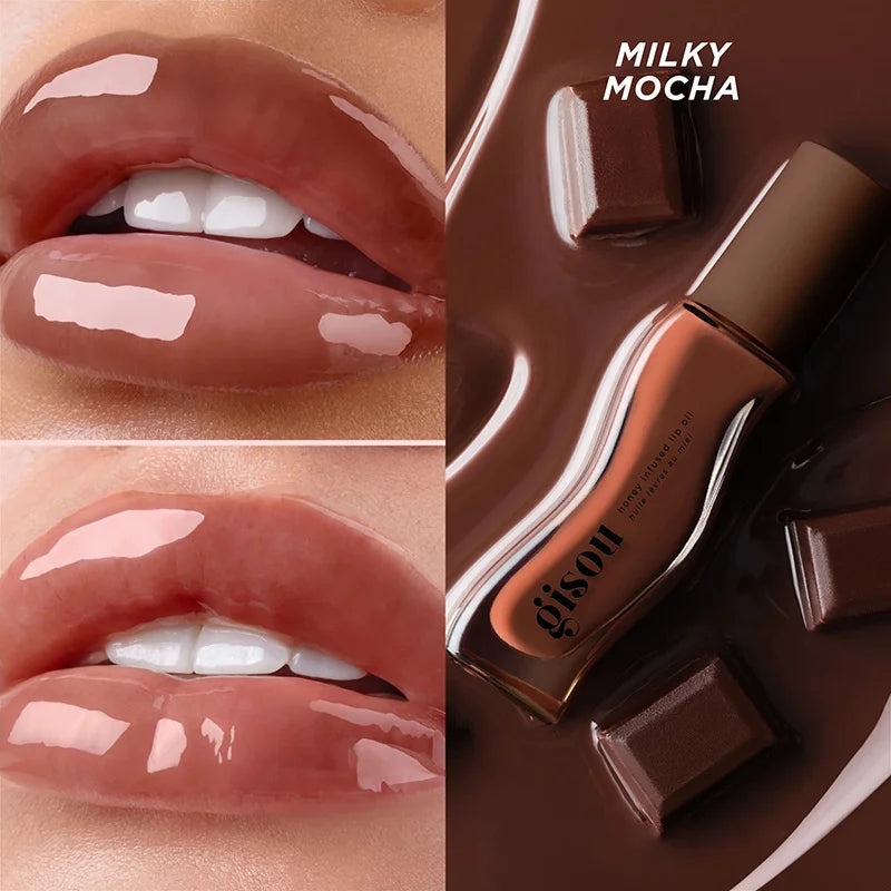 Gisou Honey Infused Lip Oil in Milky Mocha: glossy, plumping brown lip treatment with a high-shine finish.