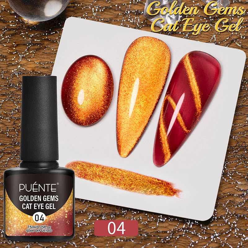 Golden Gems cat eye gel polish in shade 04, a 7.5ml bottle with swatches showing shimmering, metallic red and gold.