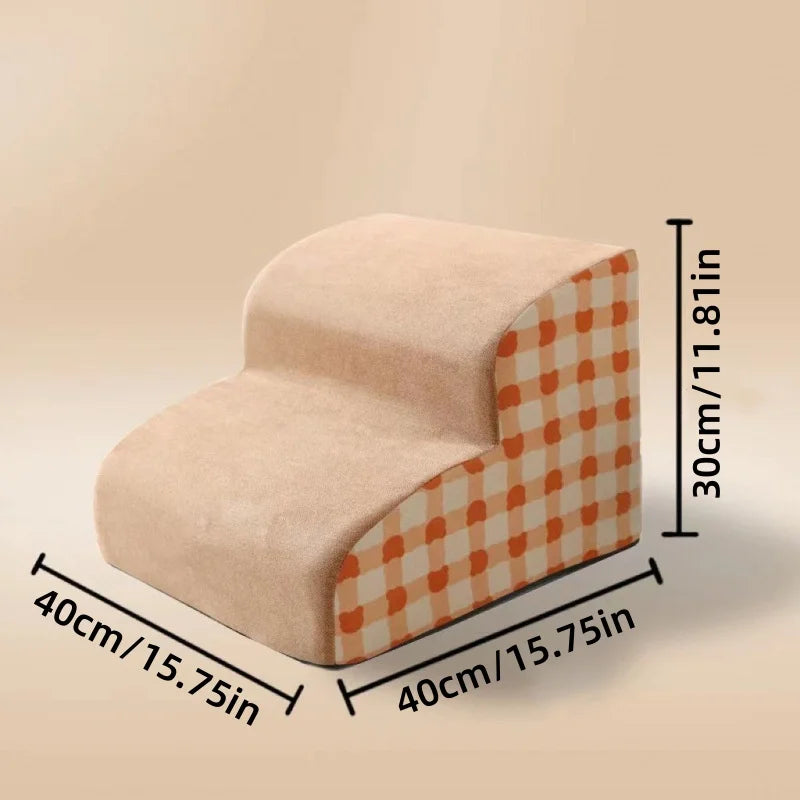 Tan 2-step memory foam pet stairs with orange plaid sides, 40x40x30cm, anti-slip dog ladder for easy sofa access.