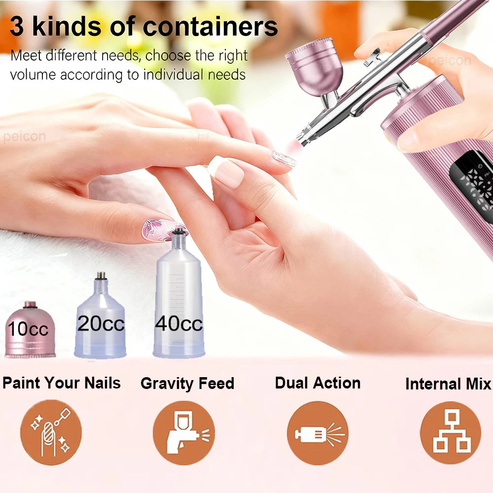 Portable pink cordless airbrush kit for nail art, cake decorating, and makeup with 10cc, 20cc, and 40cc cup sizes.