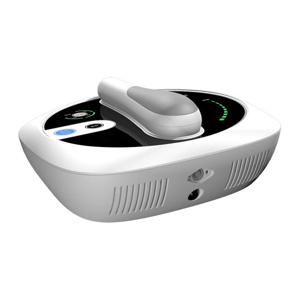 White 1MHz ultrasonic physiotherapy massage device for home pain relief with control panel and ergonomic handheld head.
