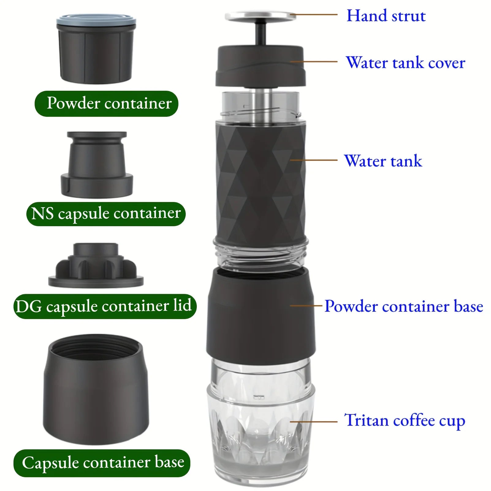 Portable black manual espresso maker with Tritan cup, powder and capsule containers, and hand strut pump mechanism.