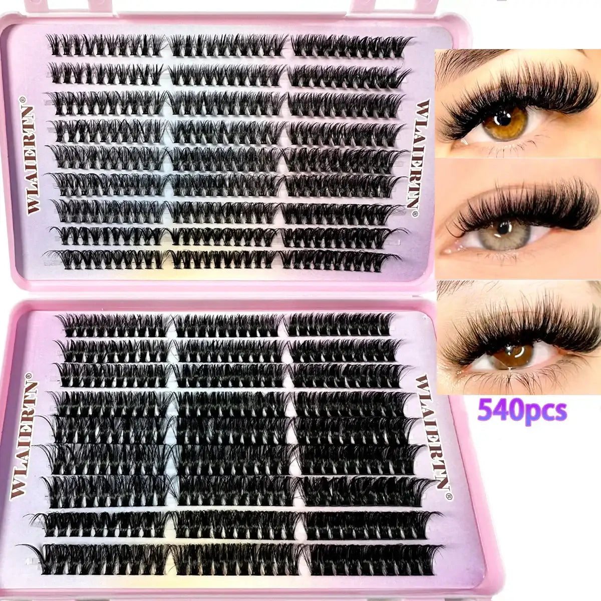 540-piece tray of black individual eyelash clusters for professional lash extension application.