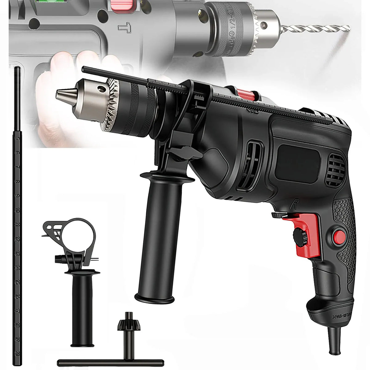 Black electric screwdriver drill with red accents, keyless chuck and included handle pieces