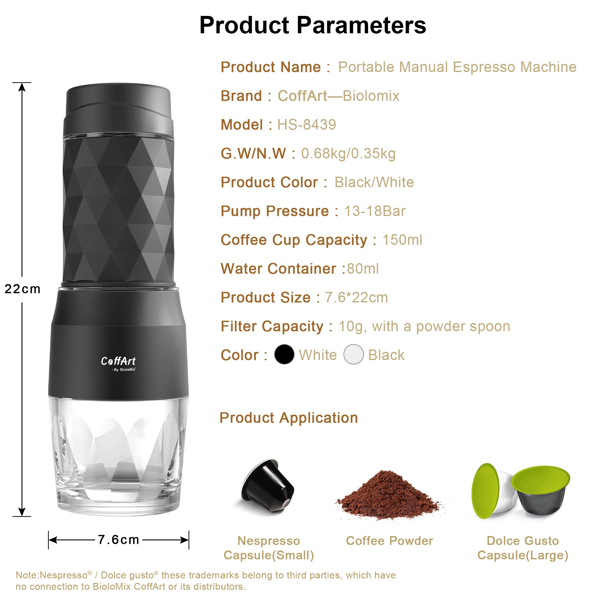 Biolomix CoffArt portable manual espresso machine in black, 22cm, 150ml cup, compatible with capsules and powder.