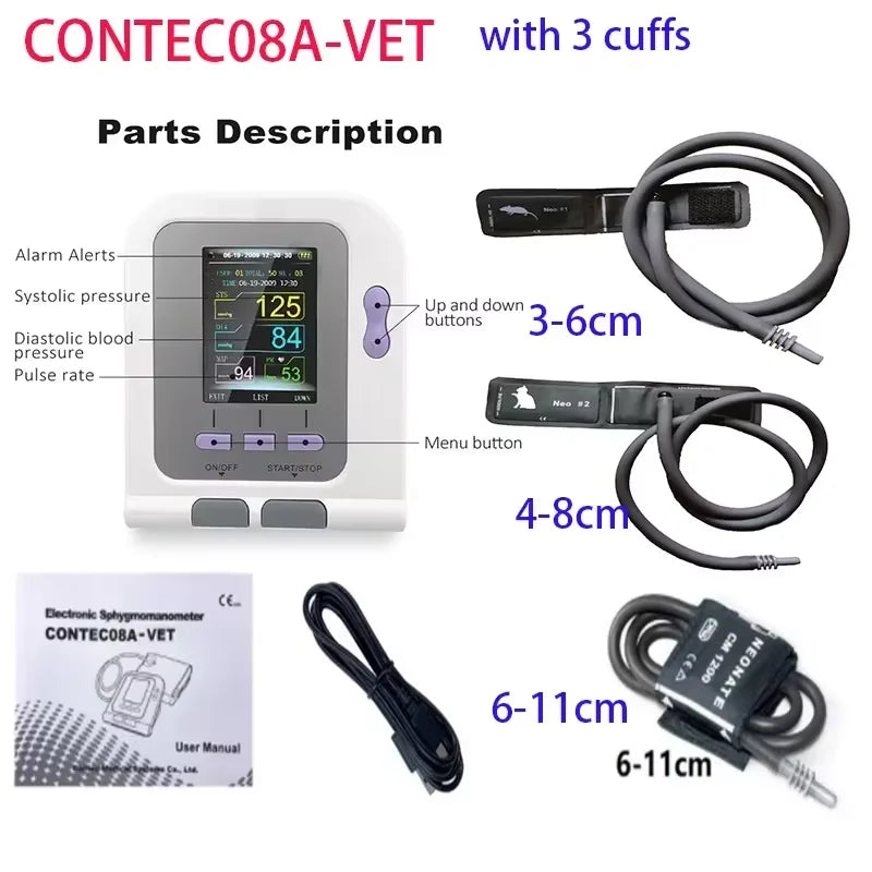 For use in cats and dogs; CONTEC08A veterinary blood pressure monitor, can be used with a blood oxygen probe if desired
