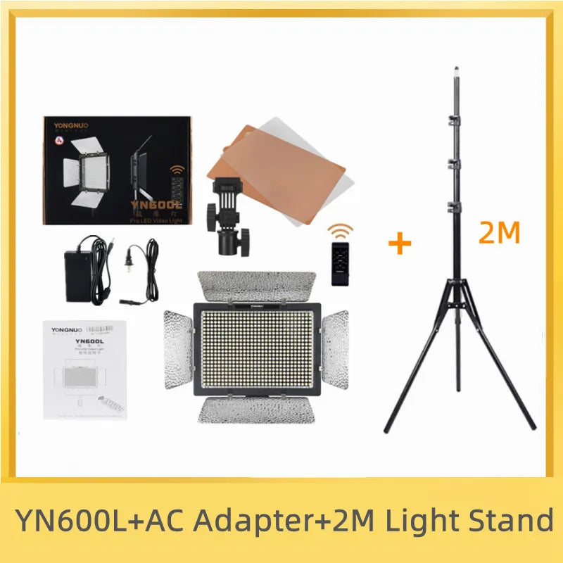 LED video light kit with rectangular panel, power adapter, remote, color filters, and a 2-meter tripod stand.