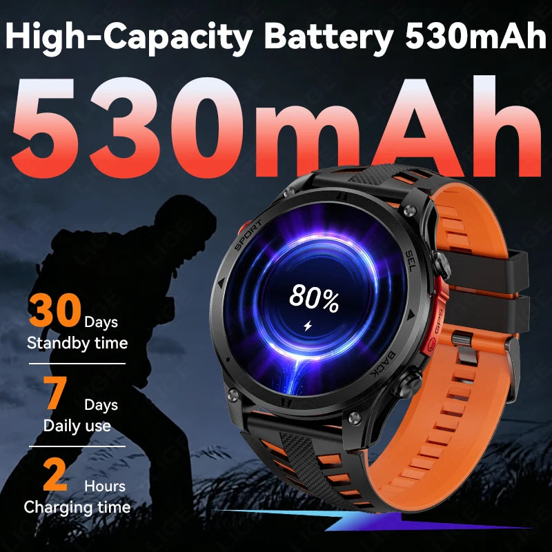 LIGE 2026 New GPS Path Smart Watch 530mAh Battery IP68 Waterproof Sports Run Tracker BT Call Outdoor Compass Military Smartwatch