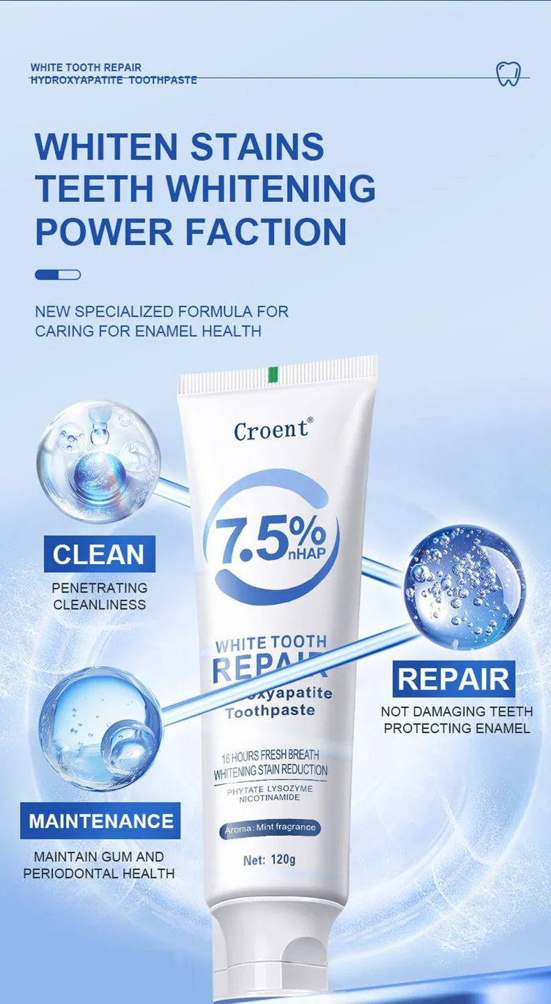 Tidesmit whitening toothpaste with hydroxyapatite for plaque removal, stain whitening, and gum health support.