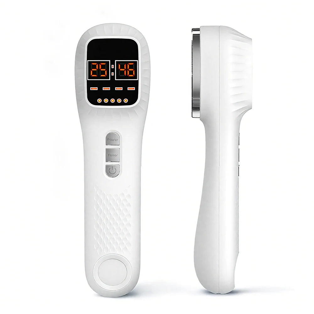 White handheld red light therapy device shown from front and side, with a digital display and control buttons.