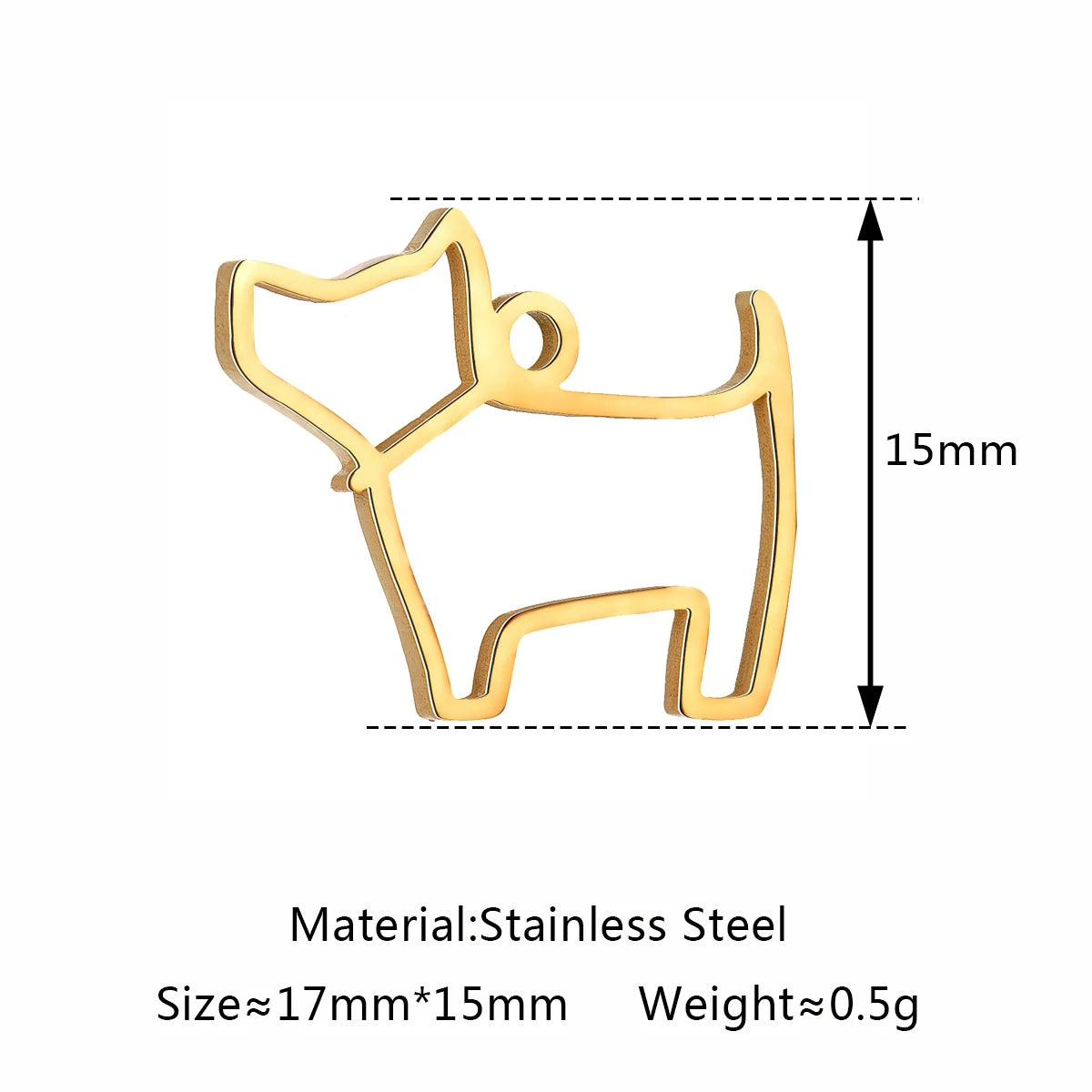 Gold stainless steel dog silhouette charm, 17x15mm, perfect for DIY jewelry, necklaces, and pet-themed accessories.
