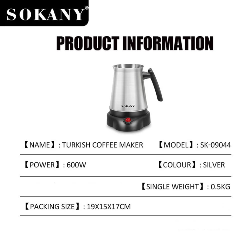Sokany SK-09044 silver stainless steel electric Turkish coffee maker with black base and 600W power.