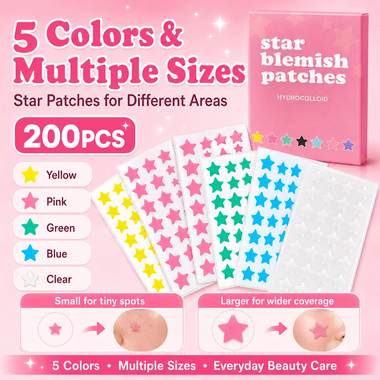 200PCS Five-Point Star Acne Patch Set Multi Color Pimple Cover Stickers for Day Night Face Body Use