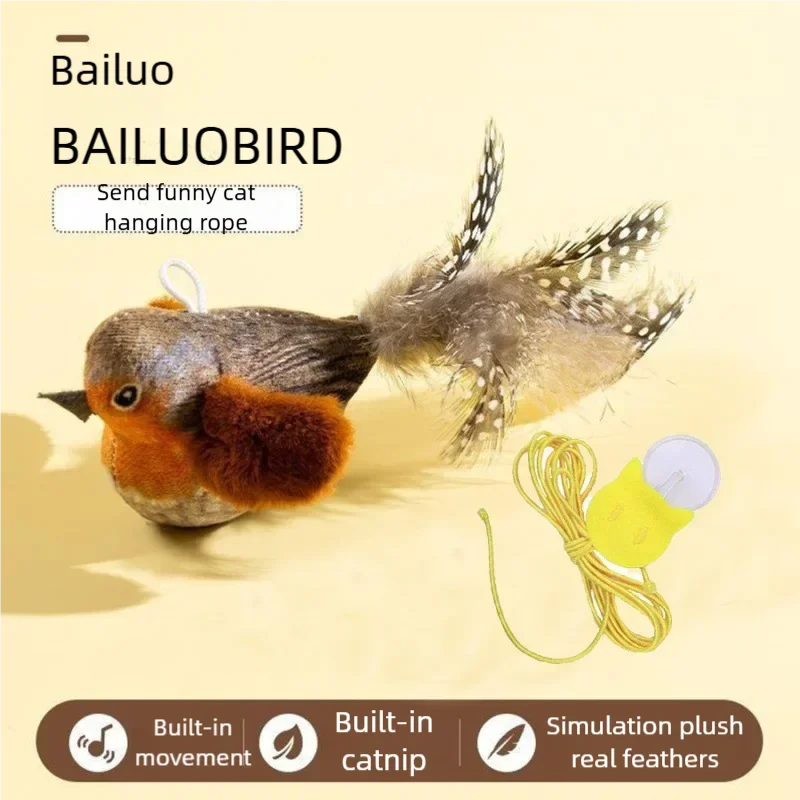 Interactive plush bird cat toy with feathers, chirping sound, and hanging rope for engaging kitten play.