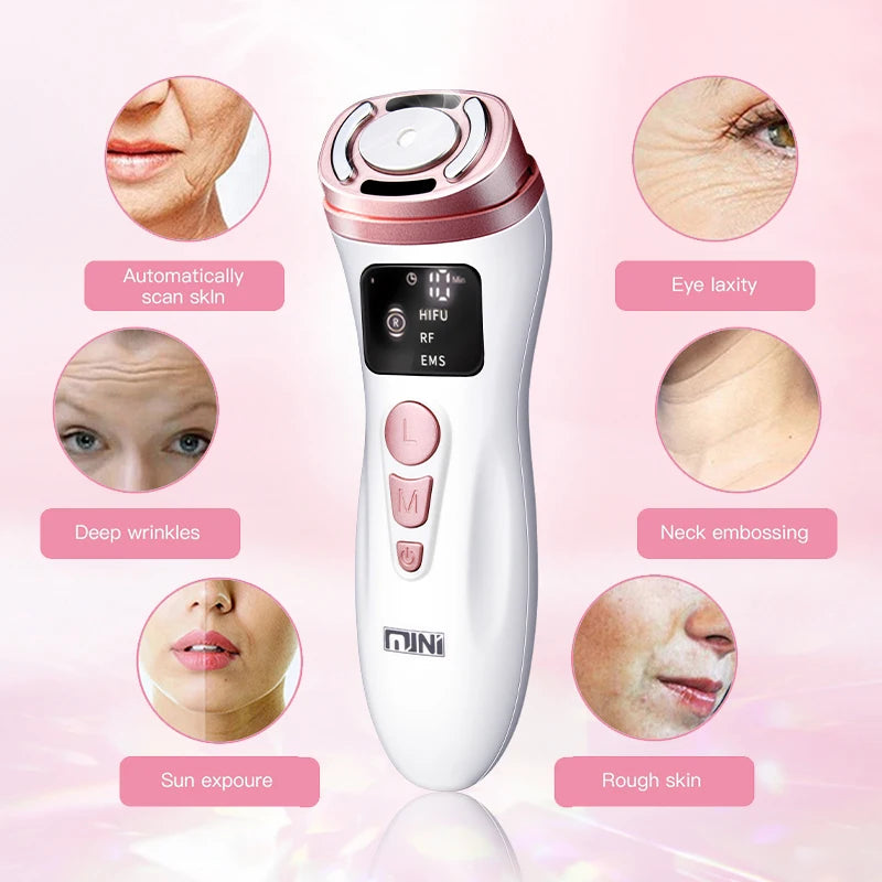 White and rose gold handheld HIFU facial device with digital display, buttons, and callouts showing skin benefits.