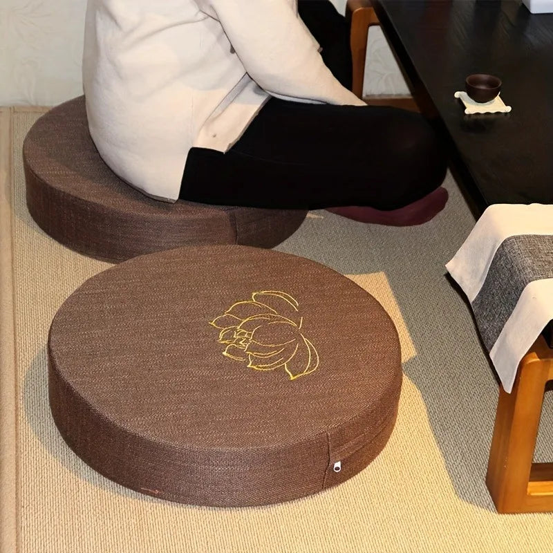 Handmade Embroidered Round Meditation Cushion Linen Yoga Seat with Foam Cotton Filling Non Slip Prayer Pillow