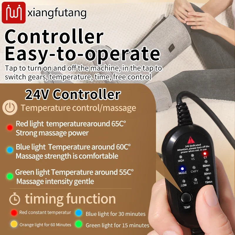 Heated leg and foot massager with 24V remote control for adjustable heat, massage intensity, and timing functions.