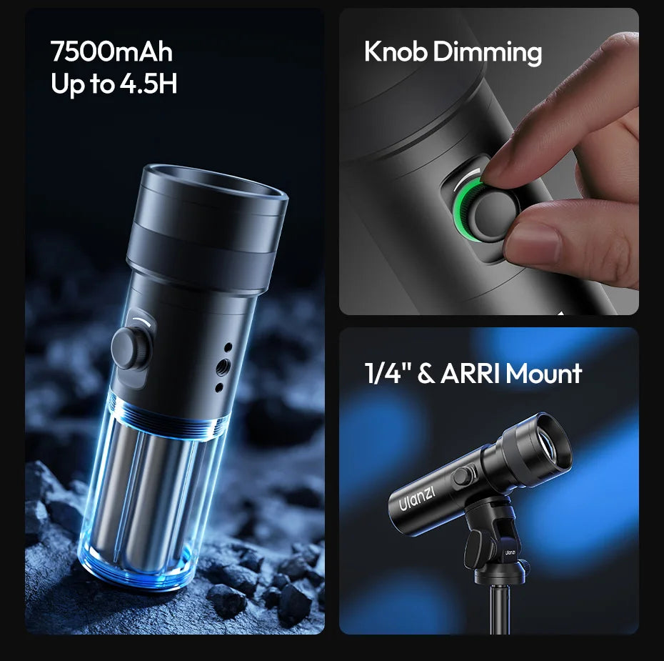 Black handheld LED video light with knob dimming, 7500mAh battery, and 1/4" and ARRI mounting points for photography.
