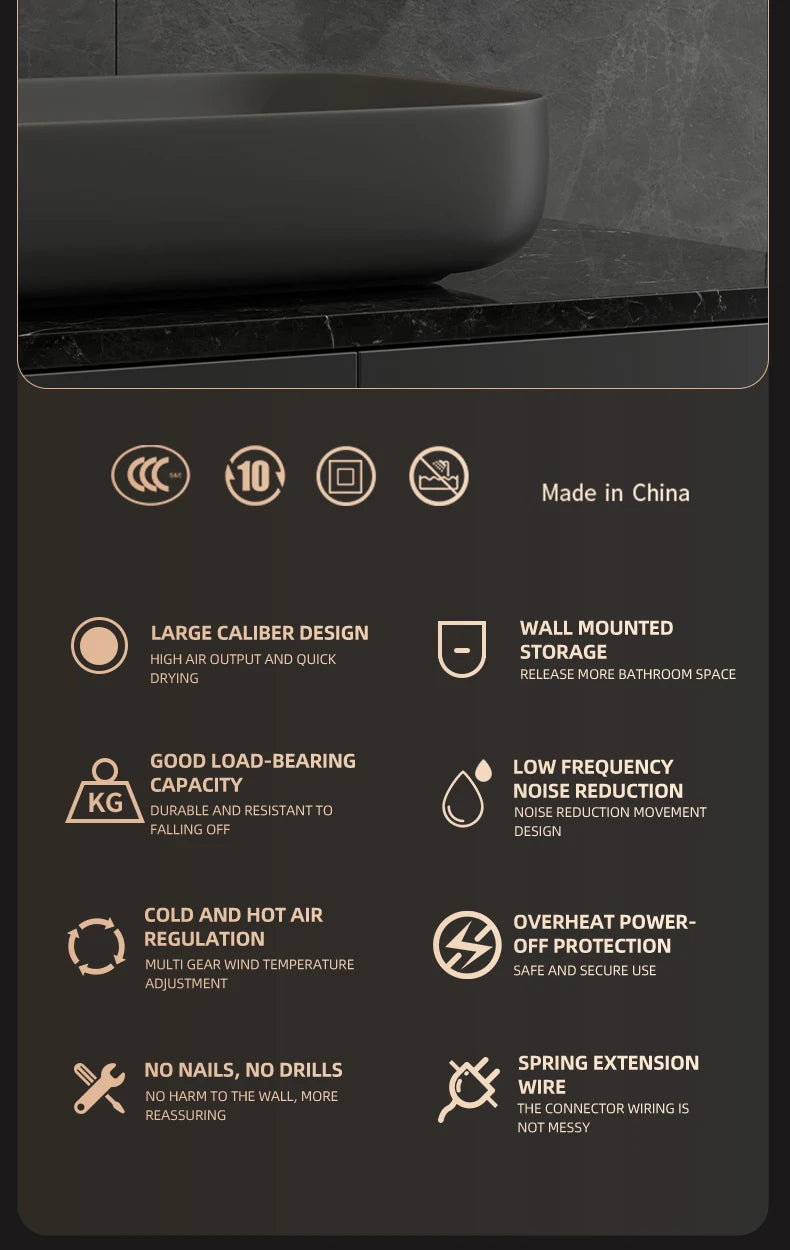 Wall-mounted hair dryer with no-drill design, large air output, noise reduction, and safety heat protection features.