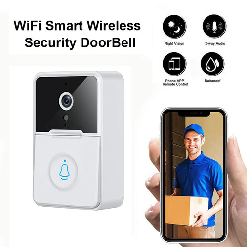 White smart WiFi doorbell with camera lens and circular chime button