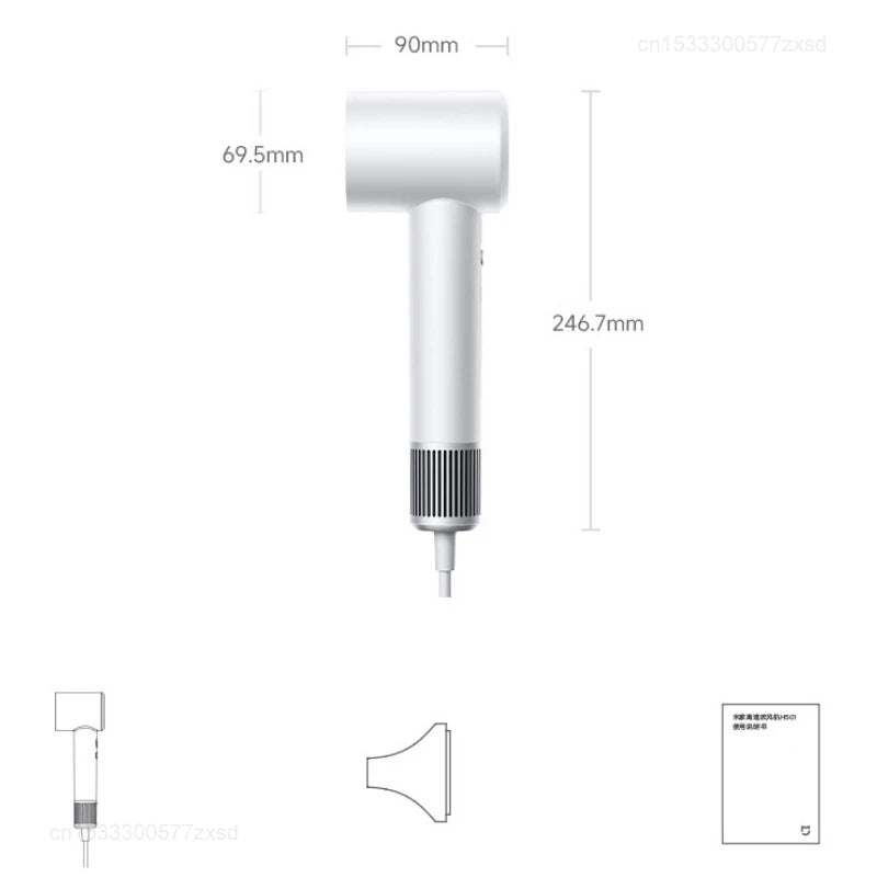 Mijia H501 high-speed hair dryer in white with technical dimensions, styling nozzle, and user manual.