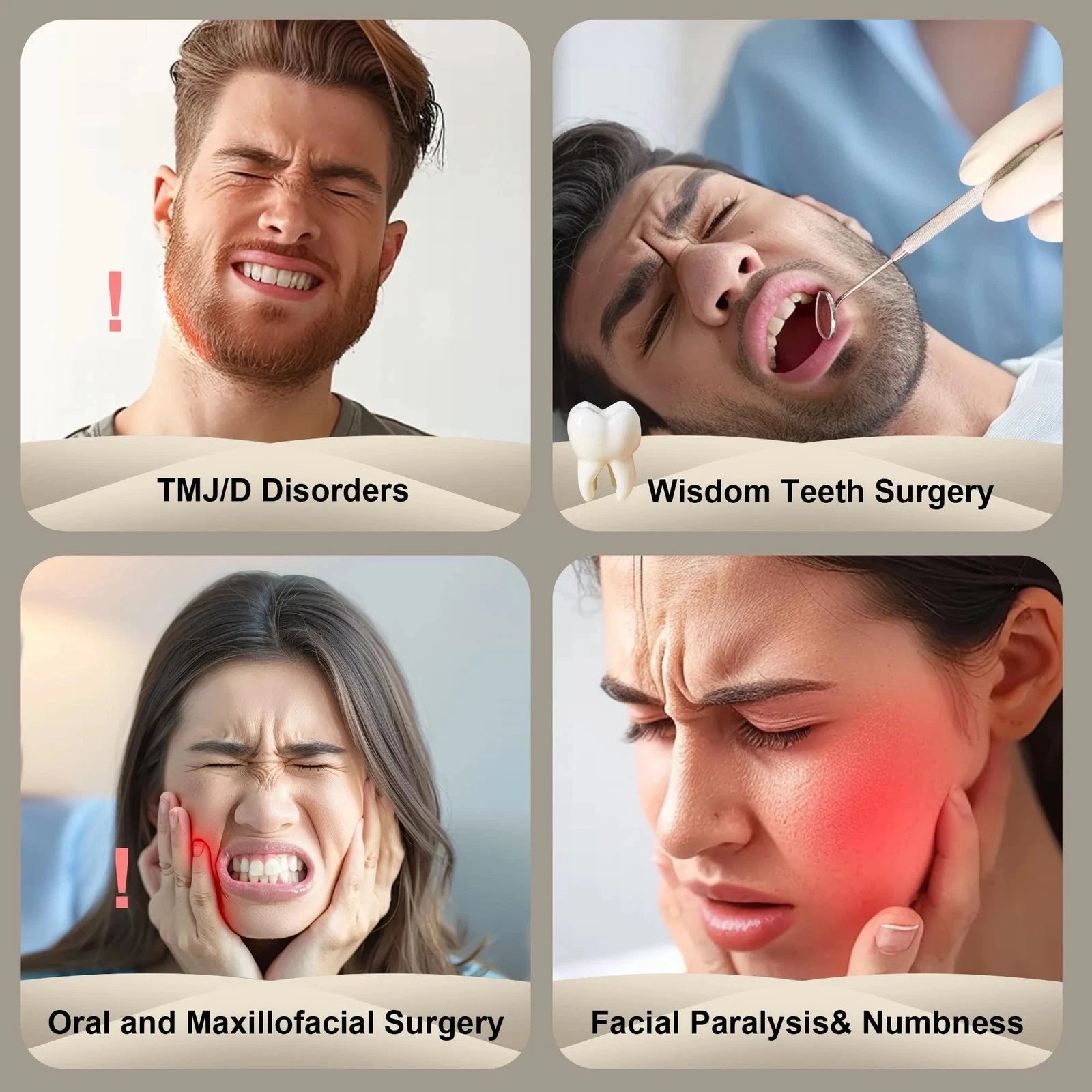 Four panels showing people experiencing TMJ pain, wisdom teeth surgery, oral surgery, and facial numbness.
