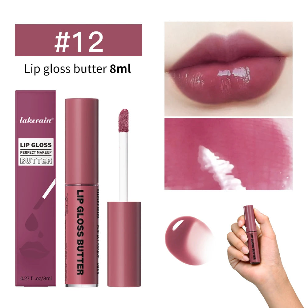 Lakerain non-stick butter lip gloss in shade #12, a moisturizing mirror-finish mauve lip glaze for lasting color.