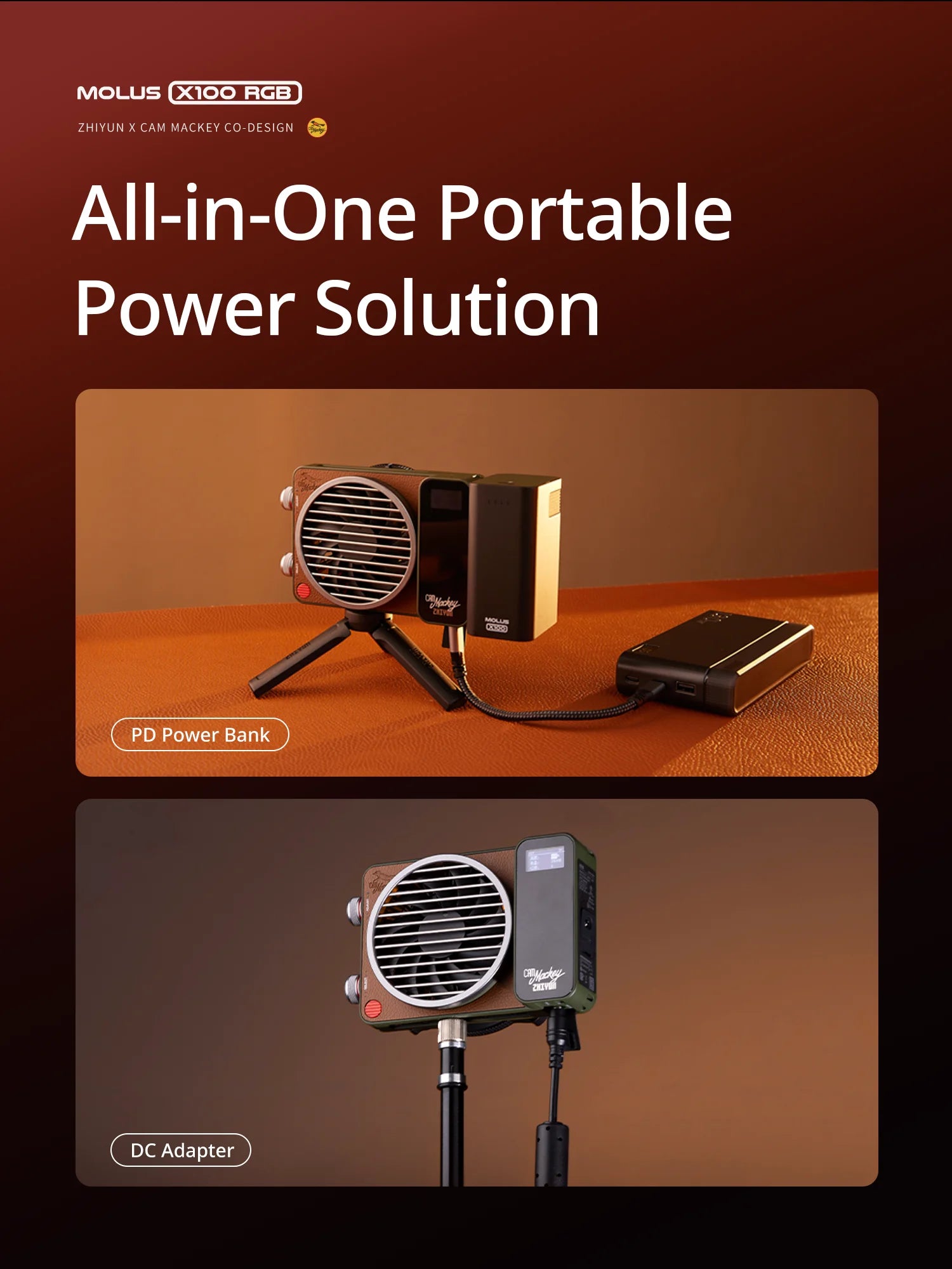 Molus X100 RGB compact LED light with brown leather-look finish, circular grille, on tripod, powered by battery or DC.