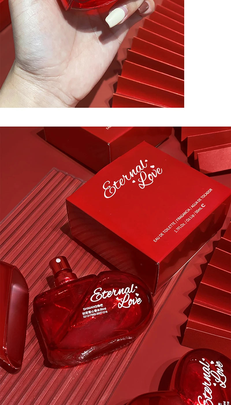 Eternal Love EDT for women: heart-shaped red perfume bottle, fresh floral vegan fragrance spray, 50ml, long-lasting.
