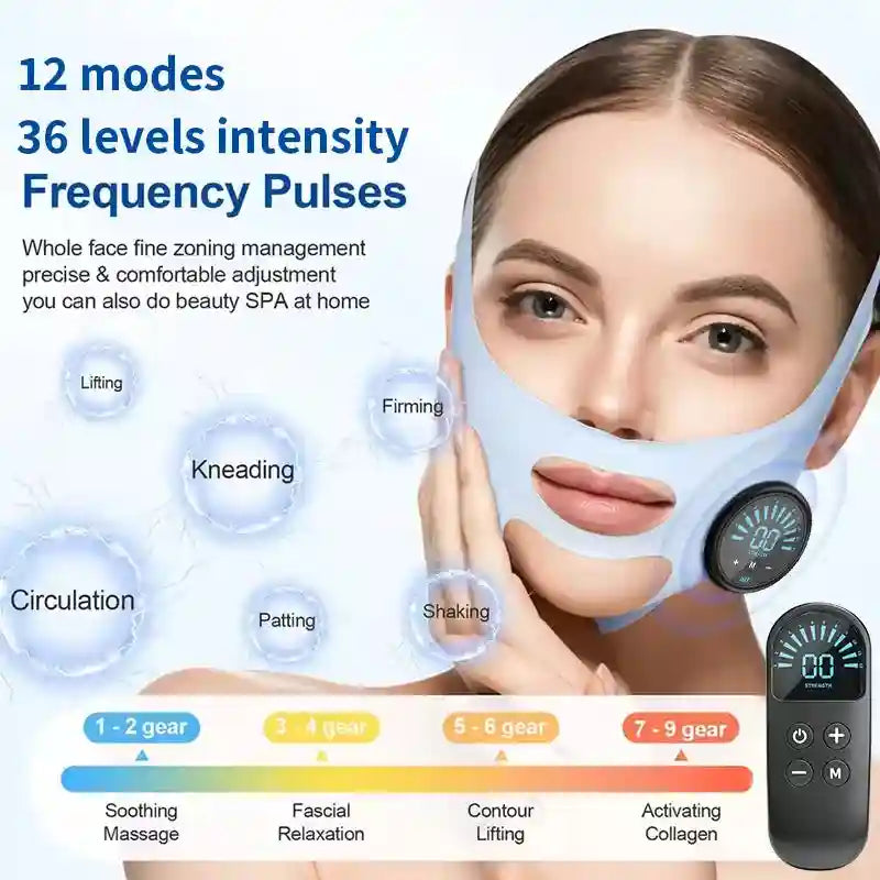 Woman wearing a blue EMS facial lifting strap with a circular control and a remote with a digital display.