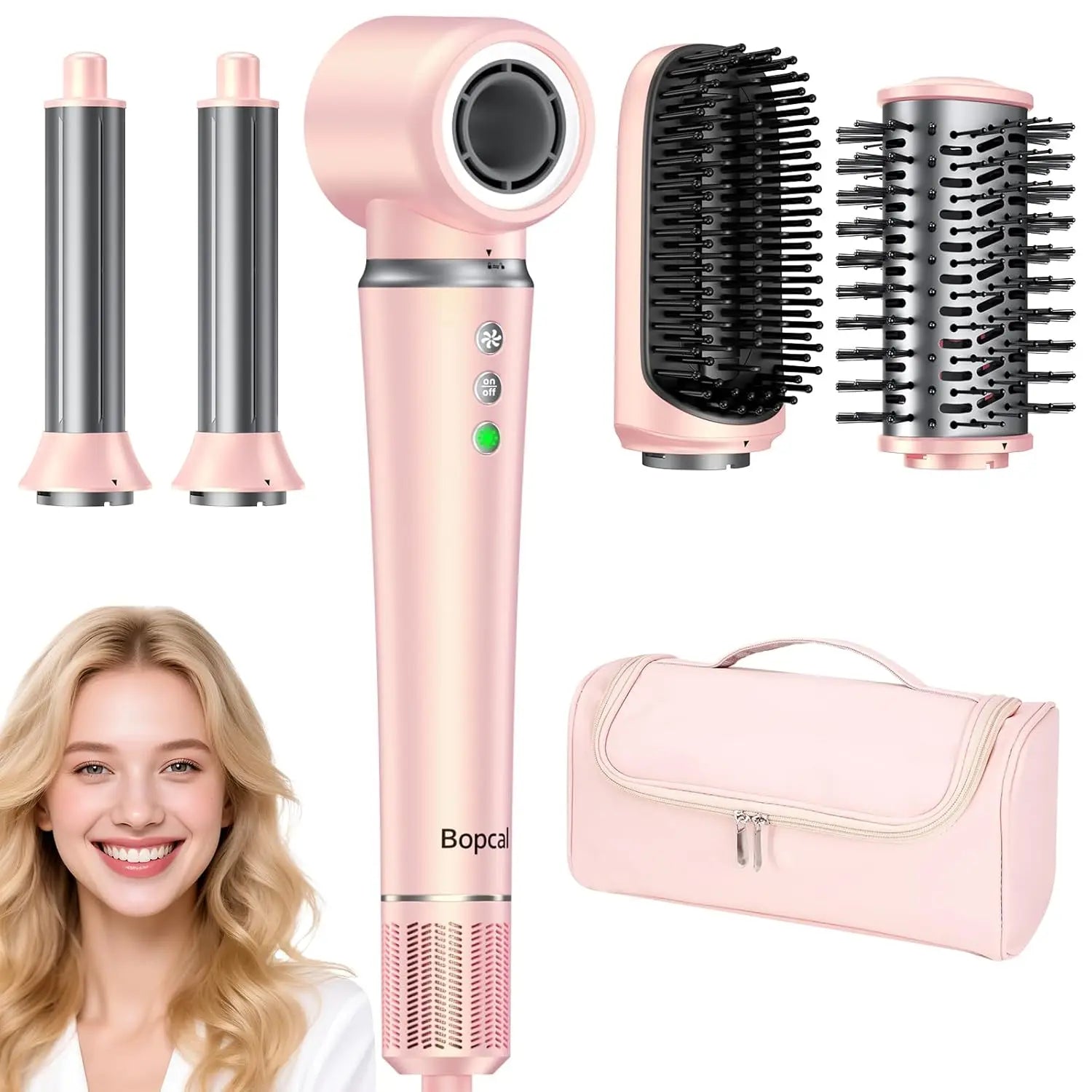 Pink 5-in-1 air wrap hair styler set with dryer, curler attachments, styling brushes, and travel bag for frizz-free hair.